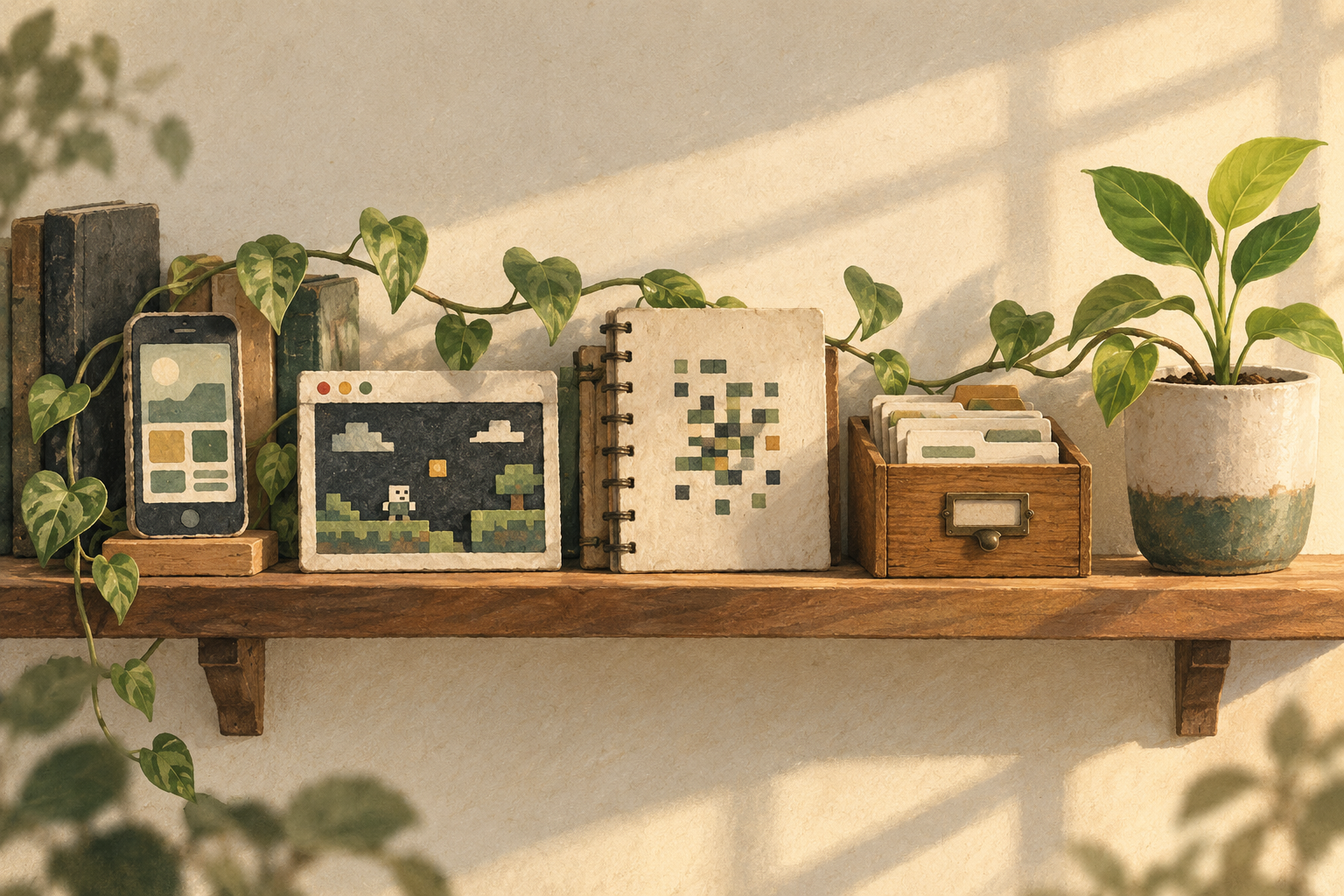 Archived software experiments on a shelf, connected by a growing vine.