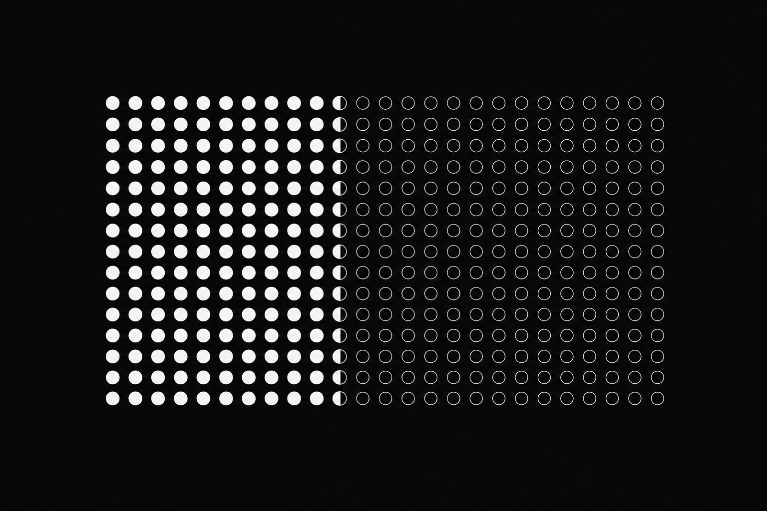 Screenshot: the Lived grid — filled dots behind you, a half-filled marker for today, empty outlines ahead