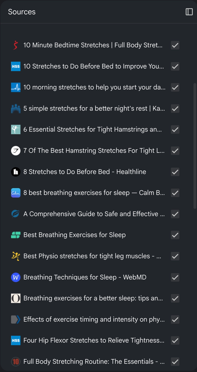 Screenshot: stretching research / collected info